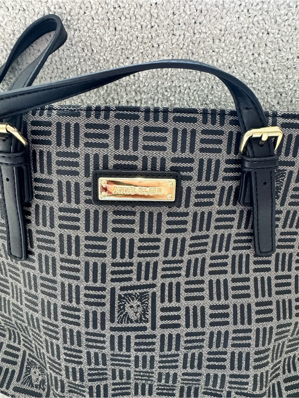 Anne Klein Navy Blue Patterned Shoulder Bag with Gold Accent